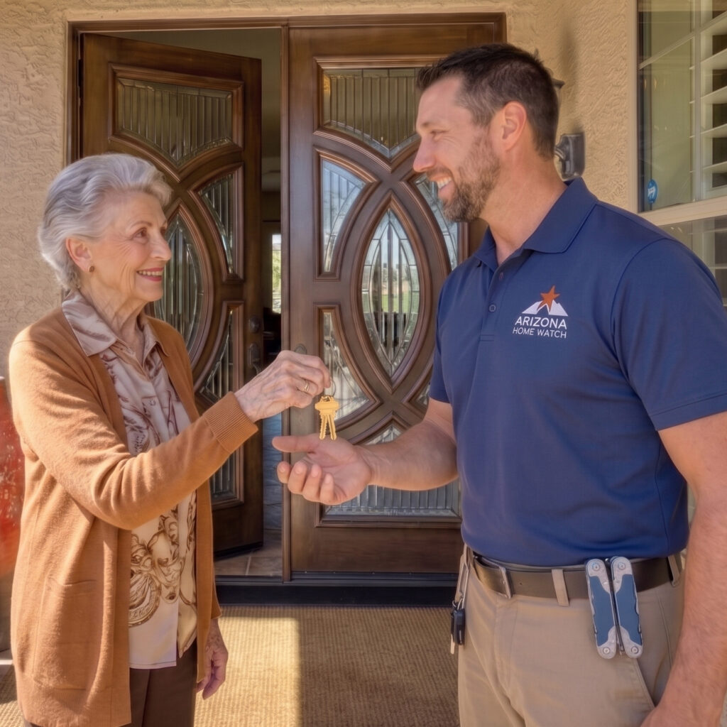 customer handing arizona home watch employee the keys to her house