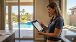 home watch employee in surprise arizona calculating a price for a customer to watch their home.