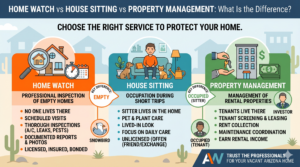 Comparison chart of Home Watch vs House Sitting vs Property Management services for vacant Arizona homes.