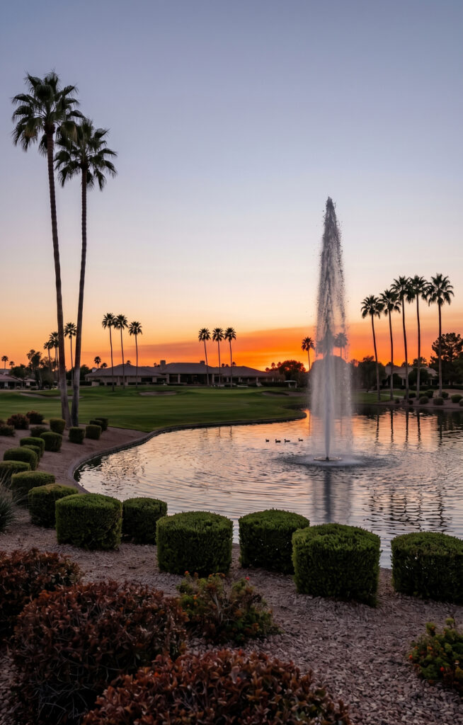 the grand golf course and water fountain.
