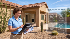 Female employee talking about snowbird home services in arizona.