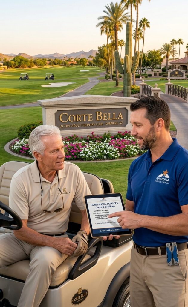 Patrick, the owner, speaking with a corte bella house watch client on the golf course.