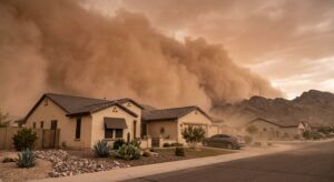 A haboob or dust storm approaching a house in arizona.
