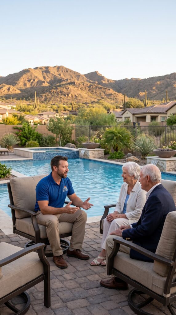home watch inspector sitting with clients in victory of varrado, buckeye, az backyard