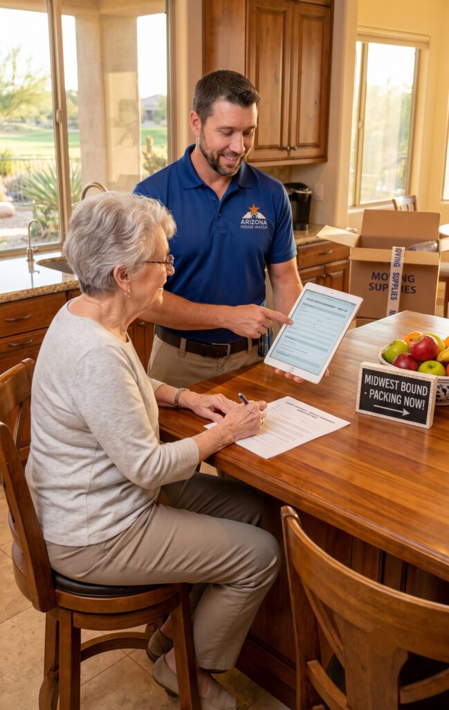Patrick talking with a Sun City West homeowner about his home watch services.